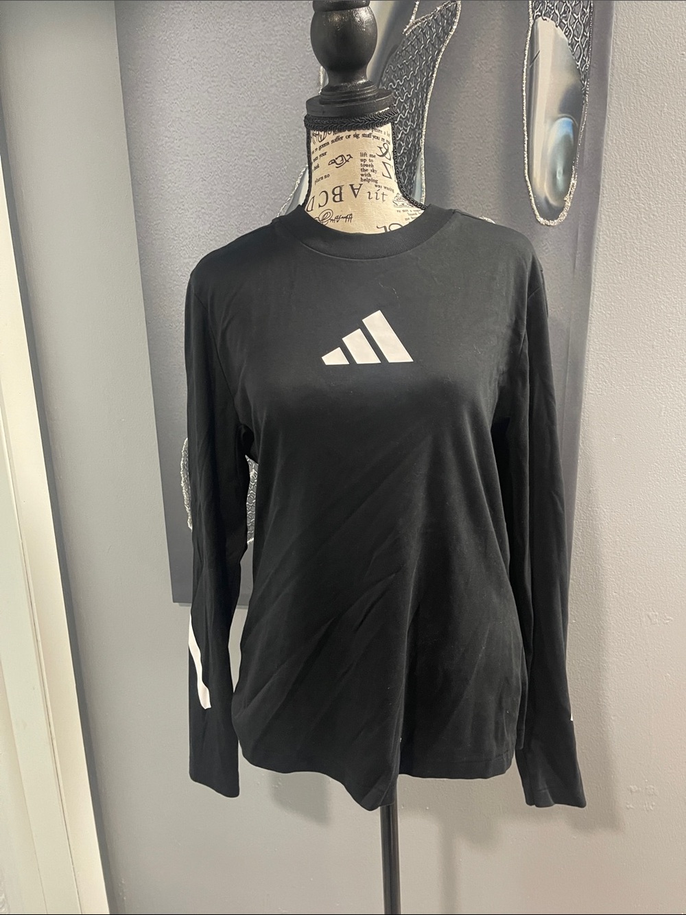 adidas Black Long-Sleeve Crewneck Tee with White Logo